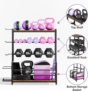Стійка для гантелей та медичних м'ячів, 3-ярусна, 60x40 см, сталева, 272 кг, з корзиною для килимків та гачками