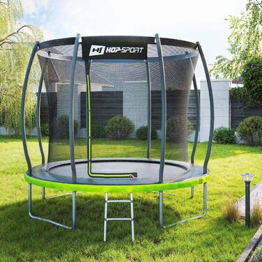 Трамплін Hop-Sport Outdoor – діаметр 244/305/366/427/488 см. Комплект з захисним сіткою, вигнутими ніжками та сертифікатами безпеки. З драбиною та захисним бордюром.