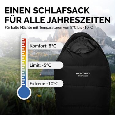 Спальний мішок MONTARAY® Mumiya [8°C - -5°C] з подушкою для 3-4 сезонів [300GSM] - Outdoor зимовий та літній спальний мішок (80x220cm) - Дека- та ковдровий спальний мішок для жінок та чоловіків (теплий), Чорний