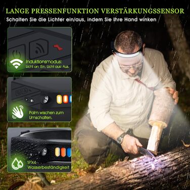 LED налобний ліхтар з акумулятором, ультратонкий, з інтелектуальним сенсором, 1500mAh, супер яскравий, 2 шт. 9 режимів світла, 4 кольори, легкий, водонепроникний для кемпінгу, бігу, риболовлі