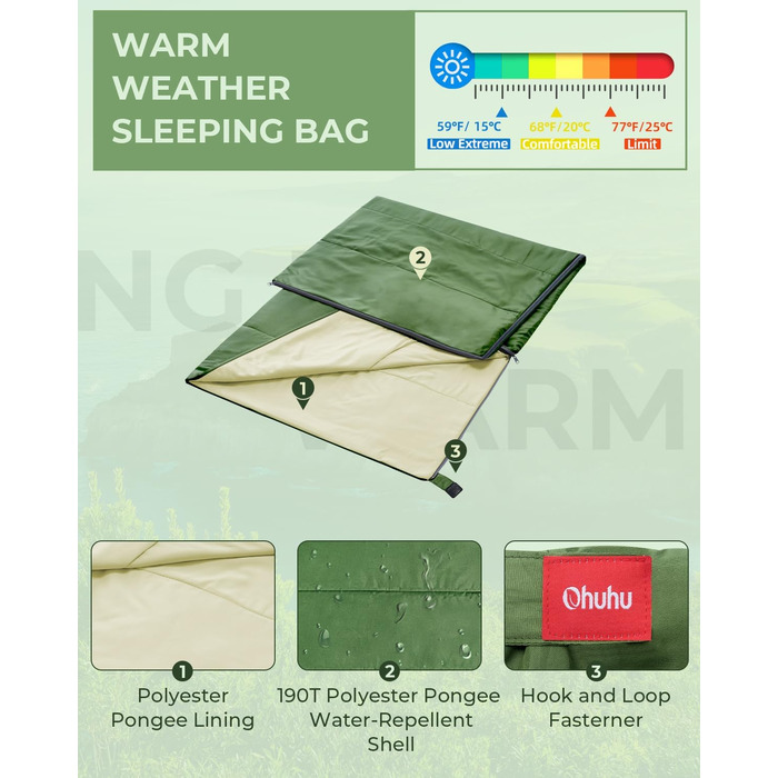 Сплячий мішок Ohuhu, компактний та ультралегкий (900г), літній, ковдровий, для дому та відпочинку на природі, кемпінгу, подорожей та фестивалів (зелений)