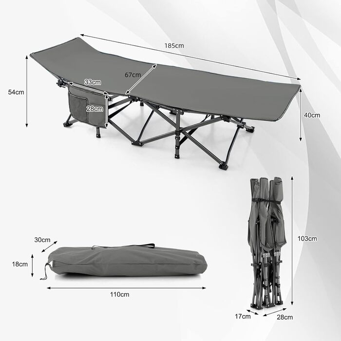 GYMAX Складне кемпінгове ліжко 185 x 67 x 54 см, вантажопідйомність 270 кг, з кишенею, у комплекті сумка, зелений (сірий)