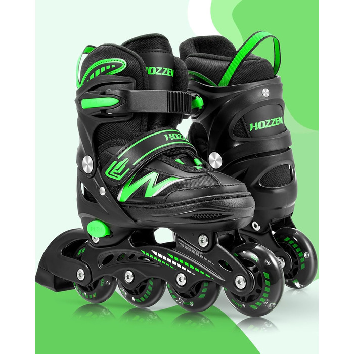 Роликові ковзани Hozzen для дітей, регульовані, ролики для дівчаток та хлопчиків, ролики з колесами, що світяться в темряві, ролики для використання в приміщенні та на вулиці, чорно-зелені