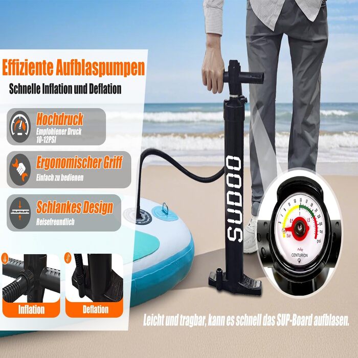 Надувний SUP Борд для вейкбордингу (2+1 особи/сім'ї), Surfboard для дорослих, вантажопідйомність до 150 кг, повний комплект з веслом, плавниками та рюкзаком (SUP20YG-Blue White)
