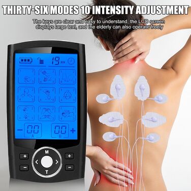 TENS пристрій для зняття болю: перезаряджуваний масажер з 36 програмами, EMS для спини, шиї, плечей, ніг (Чорний)