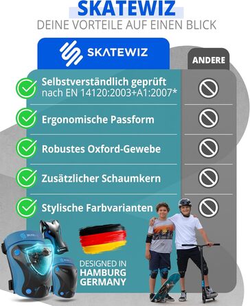 Набір захисту SKATEWIZ 6 шт. для дітей та дорослих: наколінники, налокітники, захист зап'ястя. З сумкою. Protect-1, колір блакитний, розмір XS.