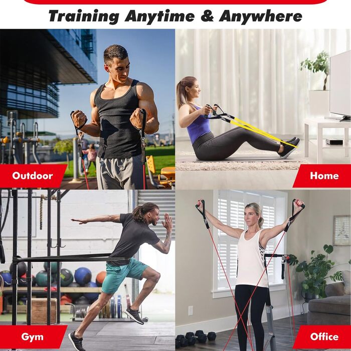 Набір еластичних стрічок для фітнесу, 3 рівні опору, з дверними фіксаторами, ручками, чохлом, сумкою та інструкцією. Стрічки для фітнесу/йоги/силових тренувань. Кольори: синій, зелений, фіолетовий, чорний, червоний, жовтий