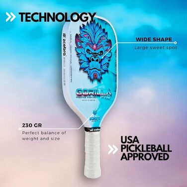 Професійна ракетка для піклболу ZCEBRA Gorilla Pro Blue, графітова, поліпропіленовий стільниковий сердечник 16 мм, текстурована поверхня, чохол з неопрену