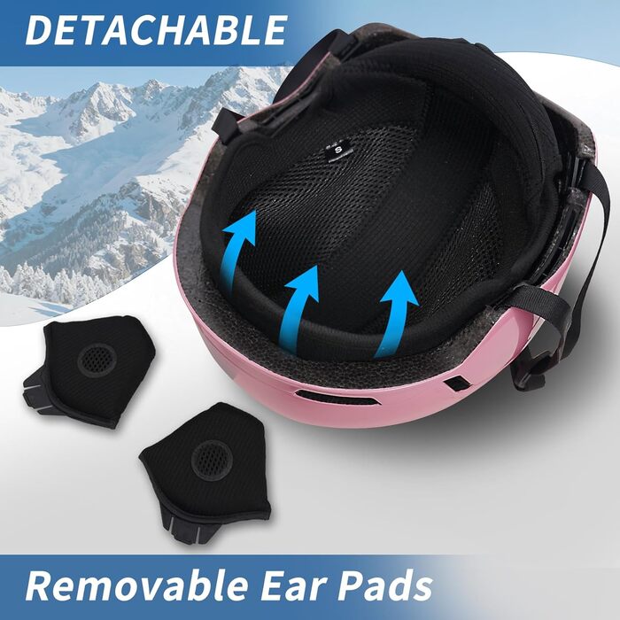 Шлем для лижного спорту Skihem DXH816 з маскою та захистом вух, для жінок та чоловіків, знімні навушники, дихаючий, захист від ударів, UV-захист, регульований, для сноуборду та лиж (Блискучий рожевий + лижні окуляри + маска, M)