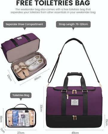 Спортивна сумка LOVEVOOK для подорожей: 37L, з культ. сумкою, відділенням для взуття та мокрих речей. Ідеальна для спортзалу, йоги, подорожей та авіаперельотів. Чорно-фіолетовий колір.