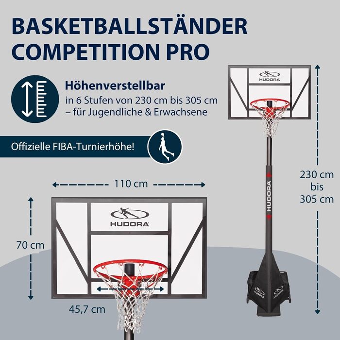 Баскетбольний щит HUDORA Competition Pro з регулюванням висоти, мобільний, на стійці з колесами, для дітей, підлітків і дорослих, для вулиці