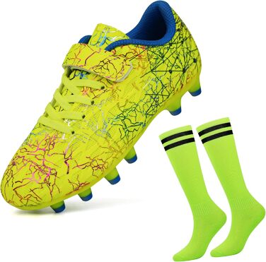 Дитячі футбольні бутси JABASIC для гри на твердих поверхнях, біло-блакитні, з футбольними шкарпетками (33 EU, лайм)