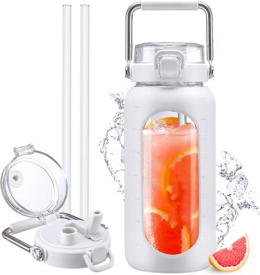 Гідрофляга HYDRAGLAZIC 1900 мл з трубочкою і сталевою ручкою, мотиваційна пляшка для води з силіконовим чохлом і часовими мітками, для контролю щоденного споживання води, біла