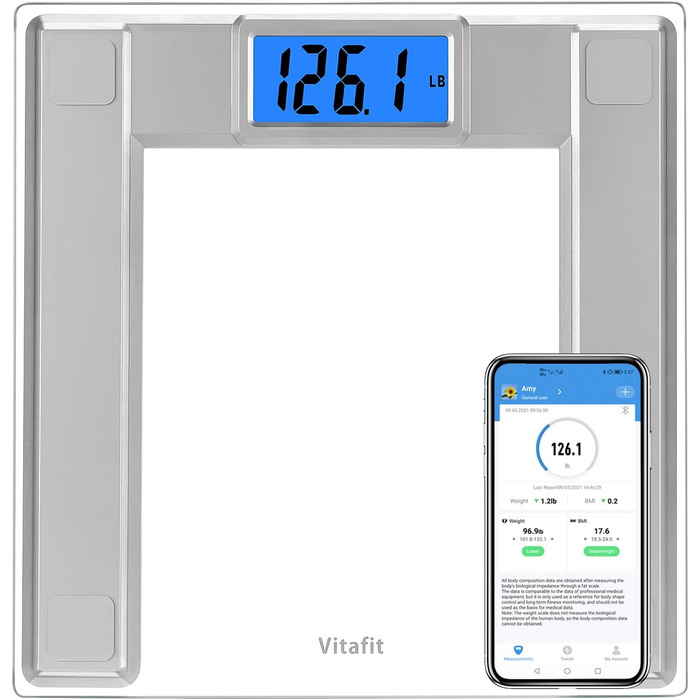 Смарт-вага Vitafit 250 кг з вимірюванням ваги і ІМТ, цифрова особиста вага з Bluetooth, додатком для смартфона, 8 мм загартоване скло, широка платформа, срібляста