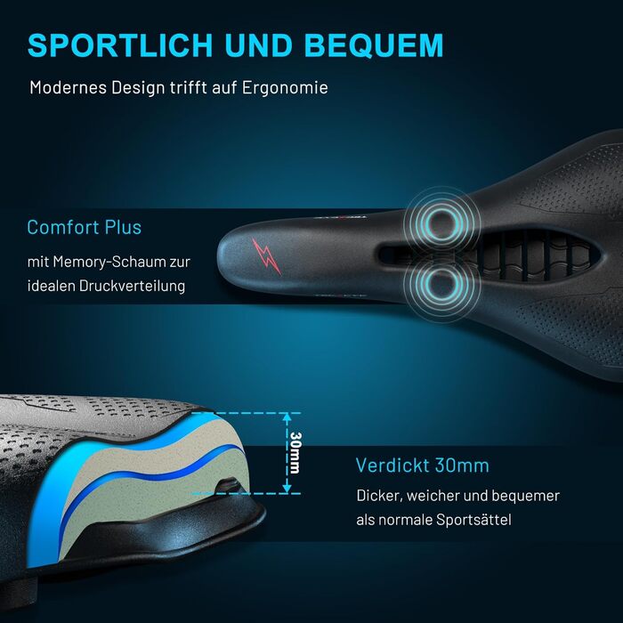 Велосипедне сідло TECHCYC з Memory Foam: комфортне, дихаюче, амортизуюче. Ергономічне сідло з підвіскою для чоловіків та жінок (Mountainbike). Доступно в 3 варіантах.