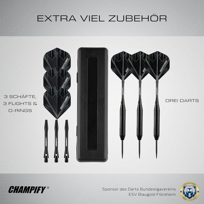 Набір дротиків сталевих 23g 'Nighthawk' з аксесуарами: 3 дротики, 6 стержнів, пір'я. Чорні дротики для гри в дартс