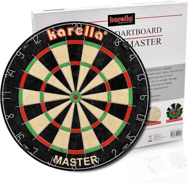 Дартборд Karella Master з сизалю для турнірів, комплект із 2 наборами дротиків Steeldart Blackstar та лінією для кидків