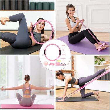 Pilates Ring набір 38 см (Рожевий) з ручками, 6 предметів для йоги, фітнесу, пресу, стегон, ніг