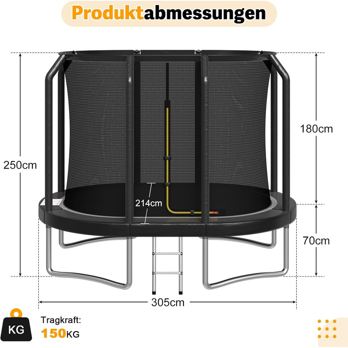 Батут Devoko Outdoor для дітей та дорослих, великий овальний, 305x214 см, з сіткою безпеки та міцним металевим каркасом