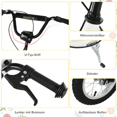 Дитячий самокат HOMCOM Самокат від 5 років, дитячий самокат Kick Scooter City Scooter з пневматичною шиною 12 дюймів, гума алюміній, білий| Аосом