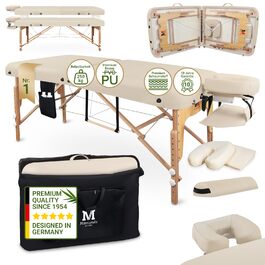 Масажний стіл розкладний MASSUNDA Mobile Comfort Deluxe з регульованою висотою (кремовий) - широкий, з підголівником, підлокітниками та подушкою
