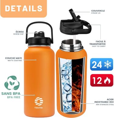 Fjbottle пляшка для води з нержавіючої сталі зі соломинкою 950/1200 мл, 2 кришки, BPA Free, герметична термофляга для спорту, велосипеда, школи, газованої води, фітнесу