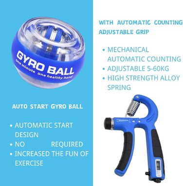 Набір для зміцнення кистей рук та передпліч (8 шт) Hand Grip Strengthener: регульовані тренажери, розтяжка для пальців, гіроскопічний м'яч (синій)