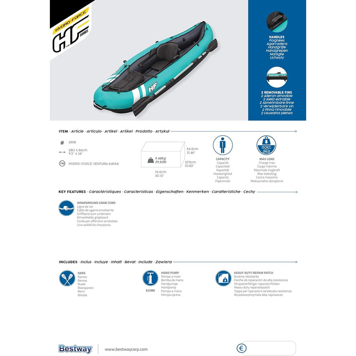 Надувний каяк Bestway Hydro-Force Ventura 280×86×40 см, комплект