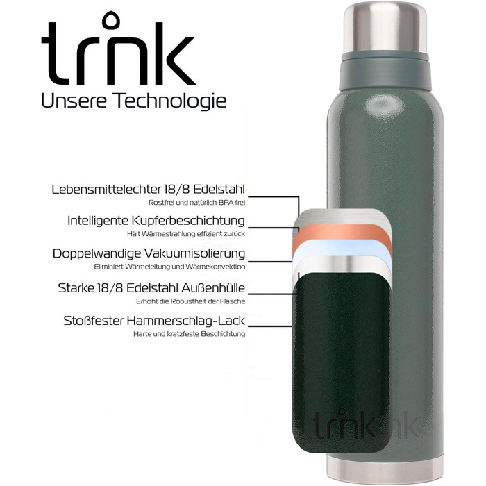 Термос trnk Outdoor polar 2, 1600 мл, нержавіюча сталь, BPA-free, з 2 чашками, зберігає тепло 40 годин, для напоїв, зелений, для туризму, можна мити в посудомийній машині