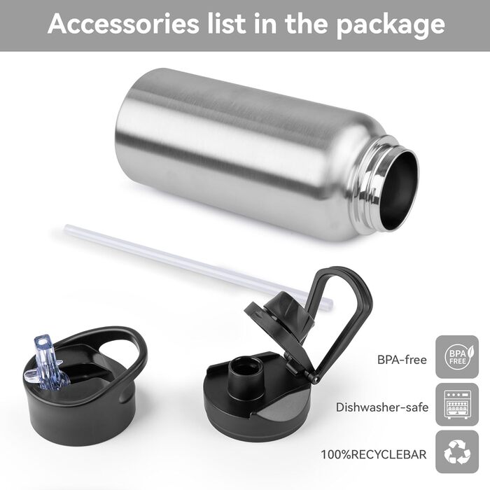 Термобутилка з нержавіючої сталі 1 л, з 2 кришками і трубочкою, BPA Free, герметична, для газованих напоїв, подвійна вакуумна ізоляція, для спорту, подорожей, кемпінгу