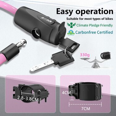 Замок для велосипеда 120см/12мм, високий рівень захисту, кабельне spiralkabelschloss з 2 ключами, протиугінний замок для велосипеда, триколісного велосипеда, мотоцикла, скутера (Рожевий)