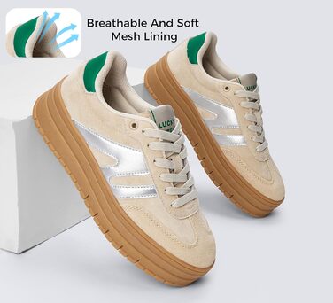 Кросівки LUCKY STEP Plateau Sneaker для жінок - платформа, канвас, ретро стиль, низький профіль, комфортні для повсякденного носіння, 42 EU, бежево-зелені