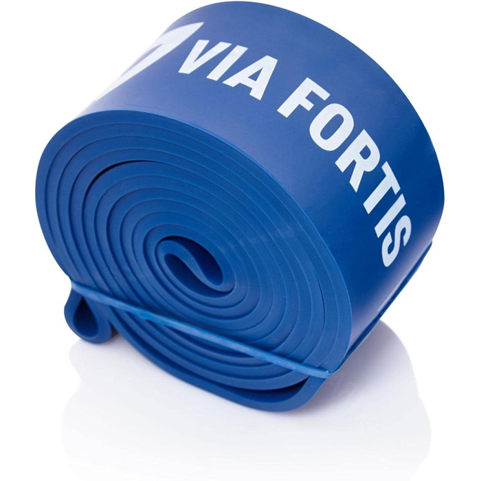 Силова гумова петля VIA FORTIS Premium для фітнесу, Level 5, синя, екстра міцна, з інструкцією та чохлом – еспандер для підтягувань та силових тренувань