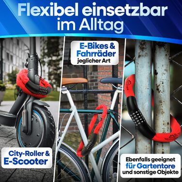 NEXTCOVER® Замок для велосипеда LockPro з кодовим замком - Оригінал - [SAFESECURE] Висока безпека | 5-значний код, сталевий замок для велосипеда, замок для електровелосипеда, ланцюговий замок, червоний