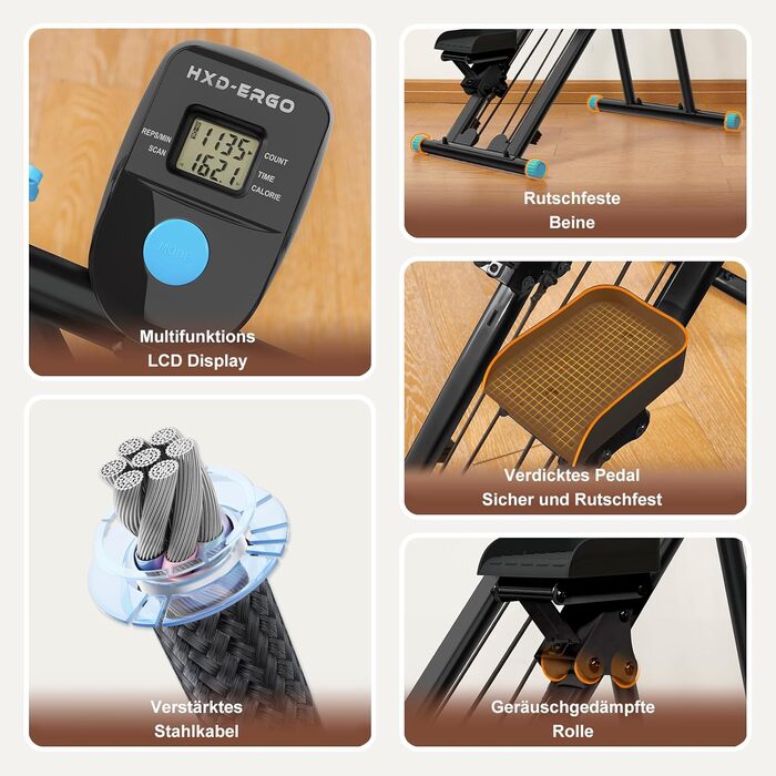 Вертикальний тренажер HXD-ERGO, крос-тренажер з LCD-дисплеєм, степер, складаний, для дому та фітнес-залу, регульовані ручки, чорно-синій