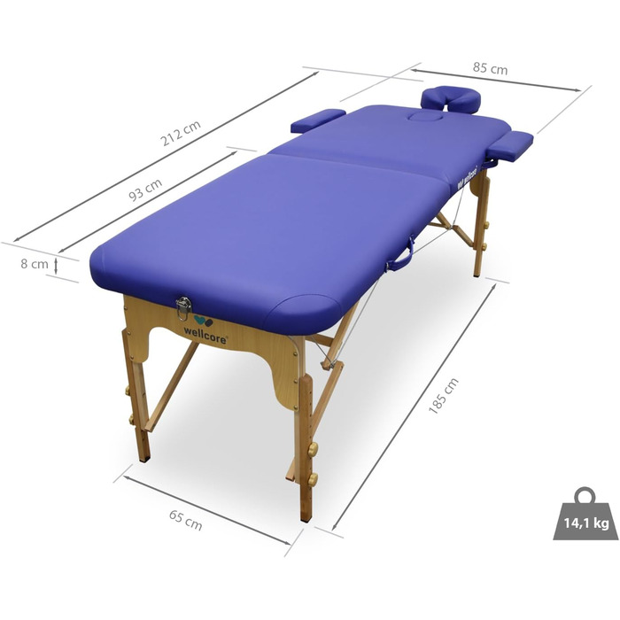 Масажний стіл WELLCORE, складаний, дерев'яний, екошкіра, 185x65 см, регульована висота, знімний підголівник, розширювачі для рук, отвір для обличчя, сріблястий, до 225 кг