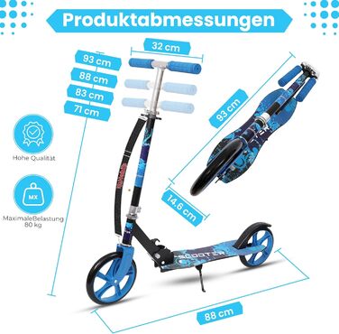 Дитячий трюковий самокат Habib Kickroller – складаний, з регулюванням висоти, великі колеса, до 80 кг, блакитний