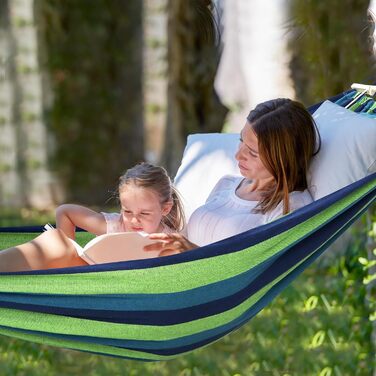Гніозда-гамак з бавовни Chihee: великий, м'який, дихаючий, для кемпінгу. Максимальне навантаження 300 кг. Знімний підголівник, 2 міцні ремені, карабіни. Розмір 270x150 см. Кольори: блакитний/зелений в смужку