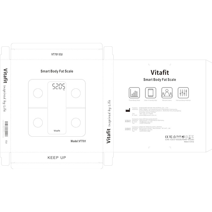 Ваги для аналізу складу тіла Vitafit з Bluetooth, до 180 кг, вимірювання жиру, м'язової маси, ІМТ, білка, BMR, чорні, з додатком