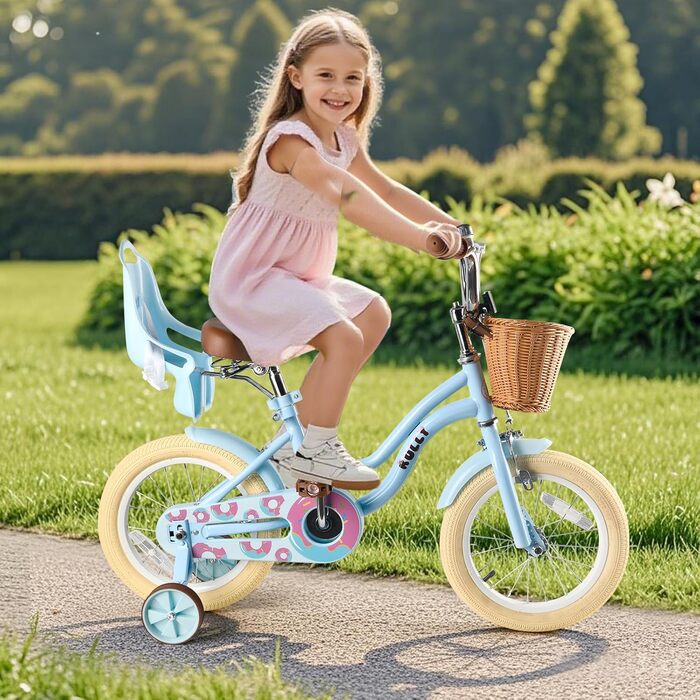 Дитяче велосипед RULLY для дівчаток з додатковими колесами, кошиком та сидінням для ляльки, регульоване сидіння, 2-7 років, блакитний, 16 дюймів