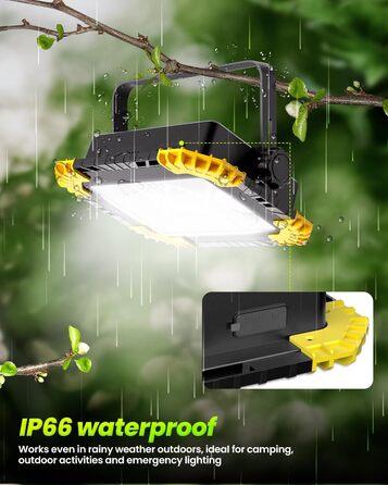 LED прожектор на акумуляторі CLV 200W, 20000mAh, IP66, вологостійкий, 4 режими, 2 рівні яскравості, для кемпінгу, USB, сонячна панель, для будівництва, жовтий