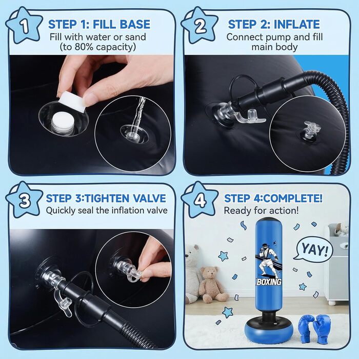 Боксерський мішок надувний для дітей 168 см з рукавичками та насосом, блакитний, з мотивом бійця, для дому, 5-12 років, для Karate та Taekwondo