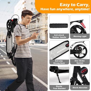 Дитячий складний самокат з великими колесами 200 мм, дискові гальма, регульована висота, з ремінним ременем (Чорний)