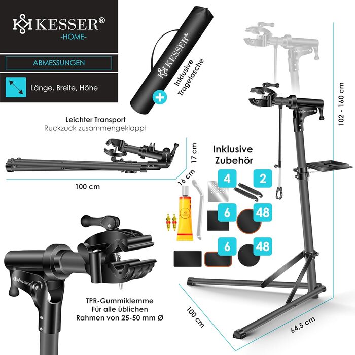 Підставка для велосипедів KESSER® Profi Alu: для ремонту та збирання гірських, електровелосипедів. 360° обертання, сумка, ремкомплект, магнітний органайзер для інструментів (антрацит)