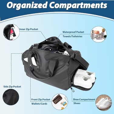 Спортивна сумка Romon для подорожей та тренувань з відділенням для взуття та мокрих речей, чорна, 39 × 23 × 22 см