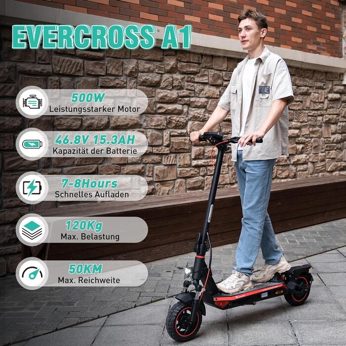 Електросамокат EVERCROSS A1 з дозволом для доріг, складаний оффроуд, 10'' вакуумні шини, акумулятор 15,3AH, запас ходу 55-70 км, мотор 500W, для дорослих, з додатком і LED-дисплеєм