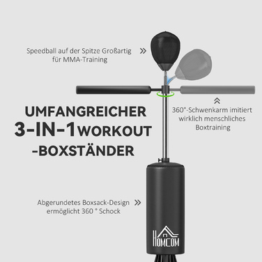 Стендовий боксерський мішок зі швидкісною кулею та рейкою для реакції, регульована висота, для дорослих, 155-205 см, чорний