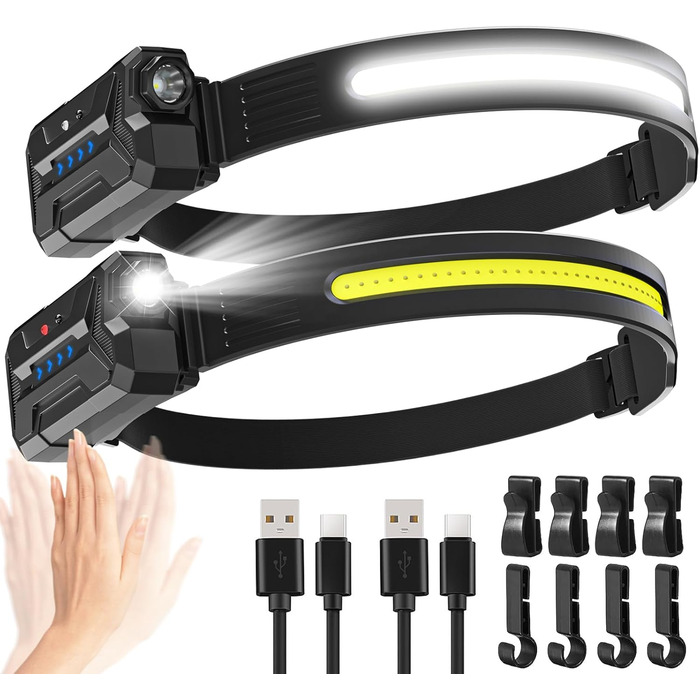 LED налобний ліхтар з акумулятором, 2 шт., кут огляду 230°, 7 режимів, супер яскравий, 2600 mAh, 22 години роботи, датчик, червоне світло, водонепроникний, легкий, для бігу, кемпінгу, походів, чорний