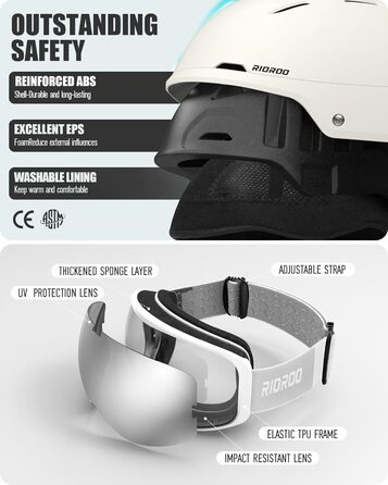 Шолом для сноуборду та лиж зі захисними окулярами, регульований, білий, M