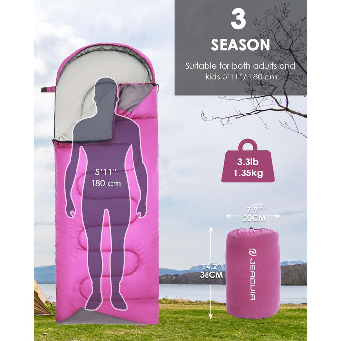 Спальний мішок для дорослих, походів, легкий, водонепроникний, для холодної погоди. Підходить для жінок, чоловіків, дівчаток та хлопчиків. Ідеальний для кемпінгу, трекінгу, відпочинку на природі, полювання. З компресійним мішком (фіолетовий)